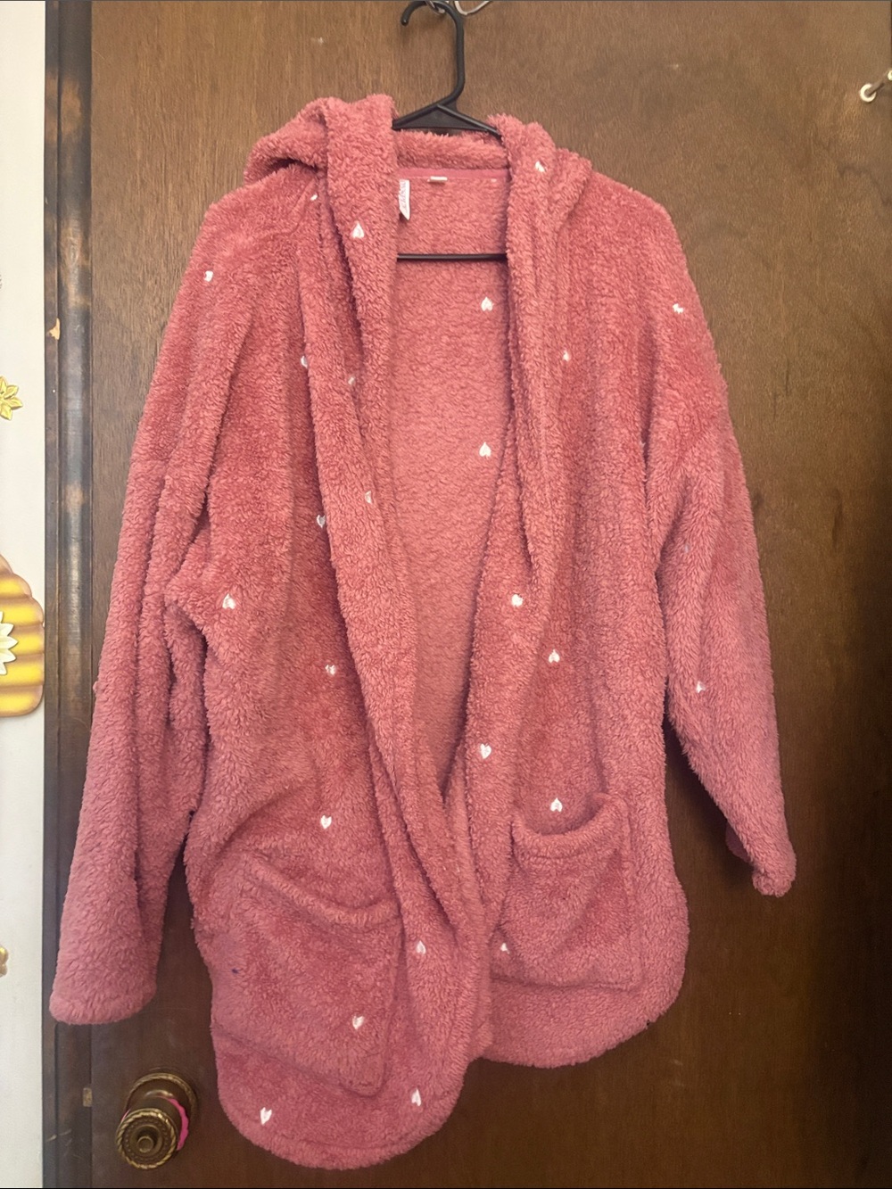 Plush Hooded Cardigan with Heart Accents - Dusty Rose